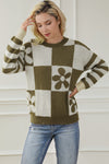 Green Checkered Floral Print Striped Sleeve Sweater-Tops-MomFashion