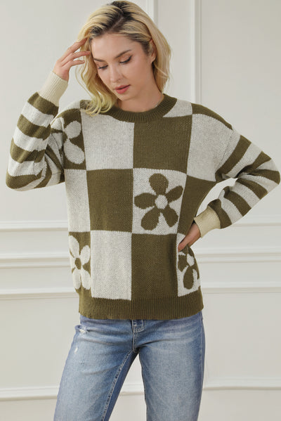 Green Checkered Floral Print Striped Sleeve Sweater-Tops-MomFashion