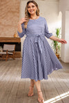 Gray Striped Tie Waist 3/4 Sleeve Plus Size Dress-Plus Size-MomFashion