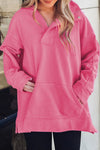 Bright Pink Textured Zipped Neckline Kangaroo Pocket Sweatshirt-Tops-MomFashion