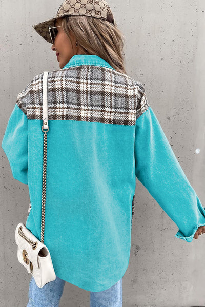 Sky Blue Plaid Patchwork Pockets Denim Jacket-Outerwear-MomFashion