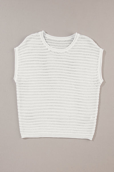 White Hollow Out Knit Cap Sleeve Sweater-Tops-MomFashion