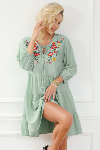 Green Floral Embroidery Tiered Ruffle Hem Dress-Dresses-MomFashion