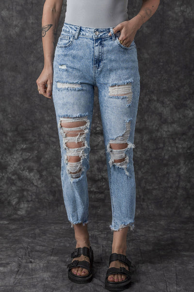 Sky Blue Acid Wash Distressed Slim Fit Jeans-Bottoms-MomFashion