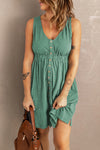 Green Buttons Sleeveless High Waist Mini Dress-Dresses-MomFashion