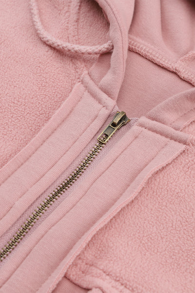 Pink Flap Pocket Drawstring Hood Zip Up Jacket-Outerwear-MomFashion