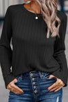 Black Ribbed Round Neck Knit Long Sleeve Top-Tops-MomFashion