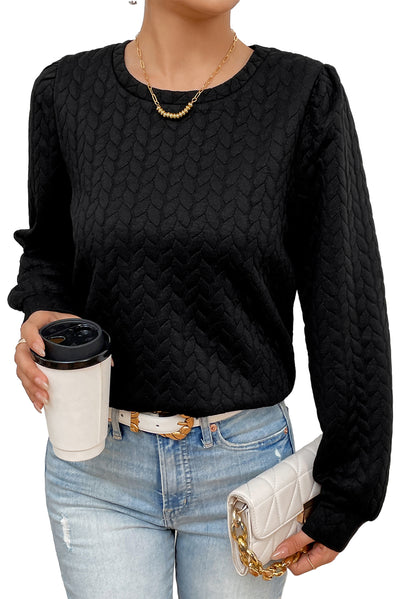 Black Cable Textured Puff Sleeve Sweatshirt-Tops-MomFashion