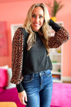 Black Leopard Print Long Sleeve Ribbed Knit Blouse-Tops-MomFashion