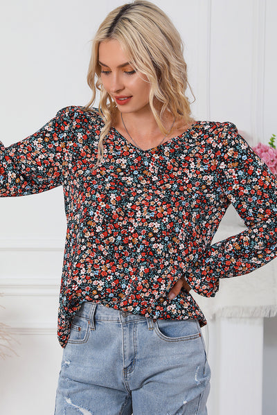 Fiery Red V Cut Lace Patch Tie-up Ruffled Puff Sleeve Floral Blouse-Tops-MomFashion