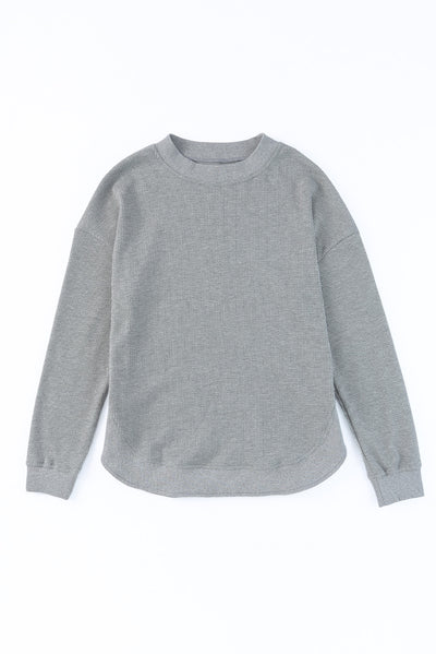 Gray Crew Neck Ribbed Trim Waffle Knit Top-Tops-MomFashion