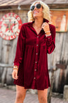 Fiery Red Long Sleeve Ruffle Velvet Button Up Dress-Dresses-MomFashion