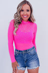 Rose Rhinestone Mesh Long Sleeve Bodysuit-Tops-MomFashion