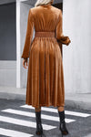 Camel Wrap V Neck Smocked High Waist Velvet Midi Dress-Dresses-MomFashion