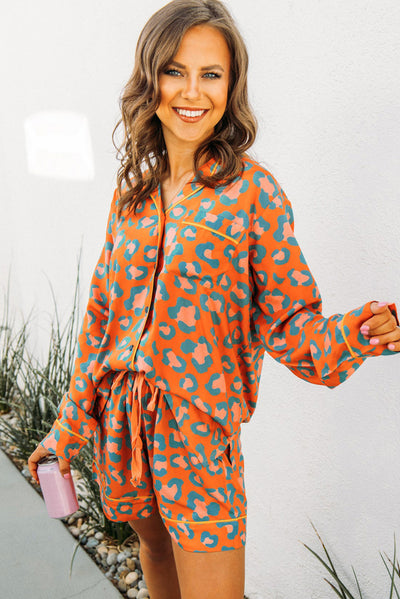 Orange Leopard Print Long Sleeve Shirt and Shorts Pajama Set-Loungewear & Sleepwear/Sleepwear-MomFashion