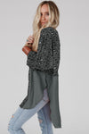 Gray Raw Edge Leopard Patchwork Oversized Blouse-Tops-MomFashion