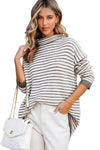 Khaki Striped Turtleneck Loose Sweater-Tops-MomFashion