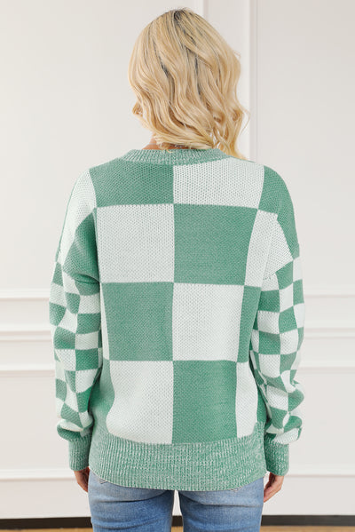 Mint Green Checkered Print Drop Shoulder Sweater-Tops-MomFashion