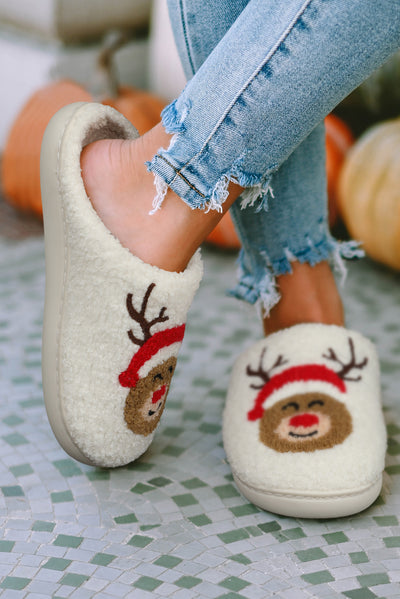 White Christmas Deer Home Indoor Plush Slippers-Shoes & Bags-MomFashion