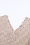 Khaki Knitted Jacquard V Neck Lantern Sleeve Top-Tops-MomFashion