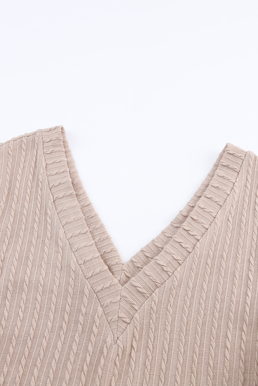 Khaki Knitted Jacquard V Neck Lantern Sleeve Top-Tops-MomFashion