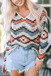 Multicolor Aztec Print V Neck Long Sleeve Top-Tops-MomFashion