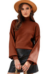 Brown Turtleneck Drop Shoulder Bubble Sleeve Knit Sweater-Tops-MomFashion