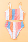 Orange Vertical Striped High Waist Bikini Swimsuit-Swimwear-MomFashion