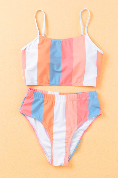 Orange Vertical Striped High Waist Bikini Swimsuit-Swimwear-MomFashion