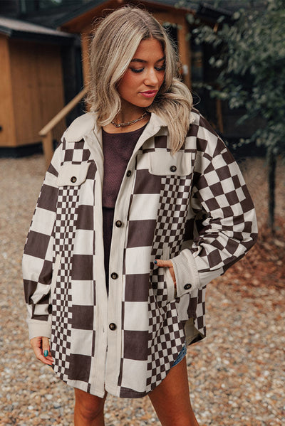 Brown Checkered Print Patchwork Corduroy Shacket-Outerwear/Jackets-MomFashion