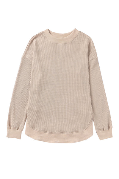 Apricot Crew Neck Ribbed Trim Waffle Knit Top-Tops-MomFashion