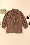 Brown Frilled Neck 3/4 Sleeves Cheetah Blouse-Tops-MomFashion