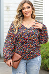 Black Plus Size V Neck Bubble Sleeve Floral Blouse-Plus Size-MomFashion