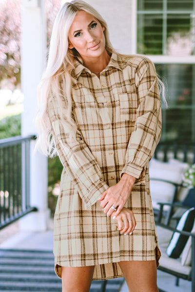 Khaki Western Plaid Button Up Loose Shirt Dress-Dresses-MomFashion