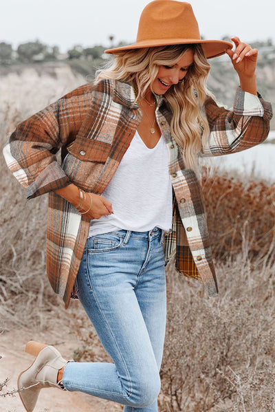 Brown Plaid Flap Pockets Shacket-Outerwear-MomFashion