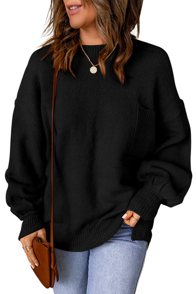 Black Solid Color Puffy Sleeve Pocketed Sweater-Tops-MomFashion