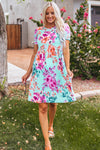 Sky Blue Short Sleeve High Waist Floral T-shirt Dress-Dresses-MomFashion