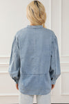 Sky Blue Split V-Neck Balloon Sleeve Ruched Denim Top-Tops-MomFashion