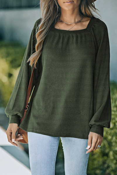 Green Scoop Neck Puff Sleeve Waffle Knit Top-Tops-MomFashion