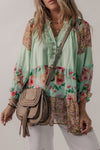 Green Printed Floral Patchwork Frilled Split Neck Blouse-Tops-MomFashion