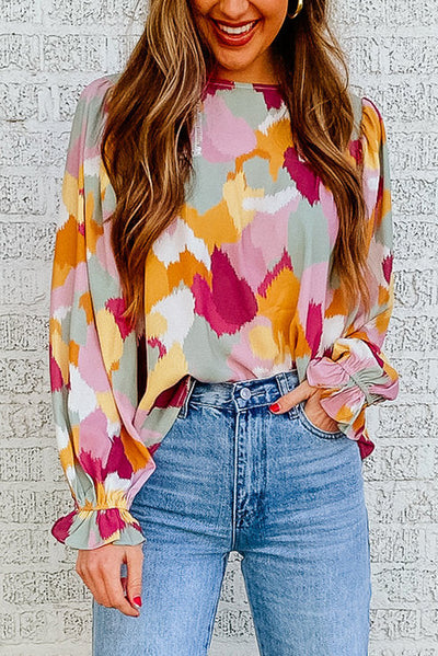 Multicolor Abstract Printed Long Sleeve Blouse-Tops-MomFashion