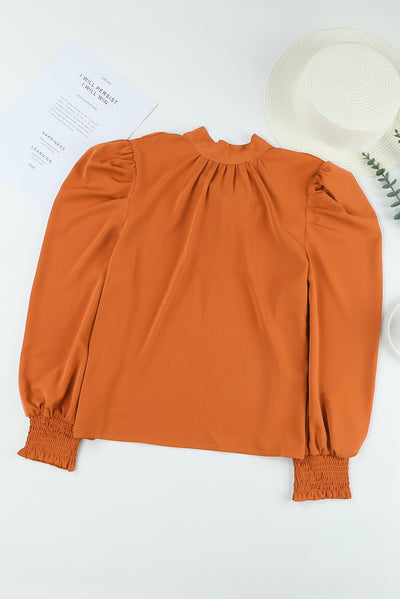 Orange Long Bubble Sleeve Mock Neck Chiffon Blouse-Tops-MomFashion