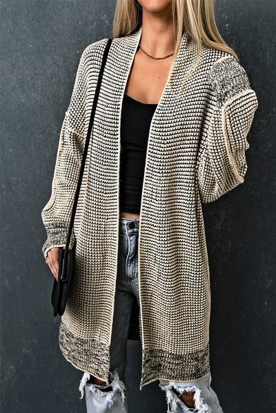 Apricot Plaid Knitted Long Open Front Cardigan-Tops-MomFashion