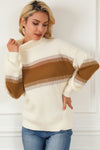 White Printed Patchwork Turtle Neck Knitted Sweater-Tops-MomFashion