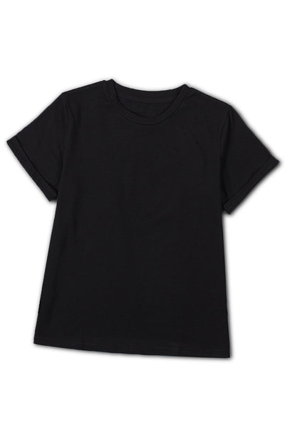 Black Solid Color Crew Neck Tee-Tops-MomFashion