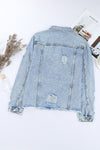 Sky Blue Lapel Distressed Raw Hem Buttons Denim Jacket-Outerwear-MomFashion