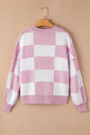 Pink Checkered Bishop Sleeve Sweater-Tops-MomFashion