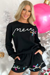 Black Sequin Merry Graphic Pullover and Shorts Outfit-Two Piece Sets/Short Sets-MomFashion