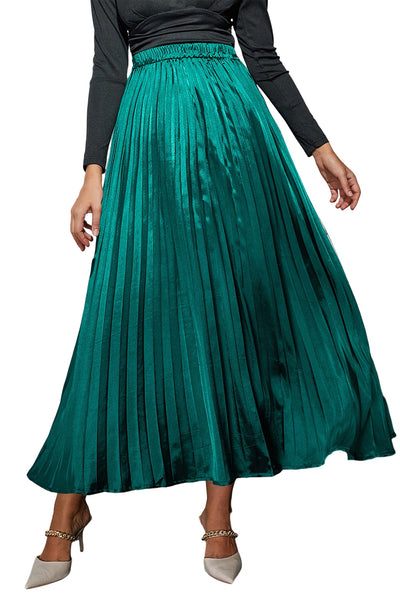 Blackish Green Satin Elastic Waist Pleated Maxi Skirt-Bottoms-MomFashion