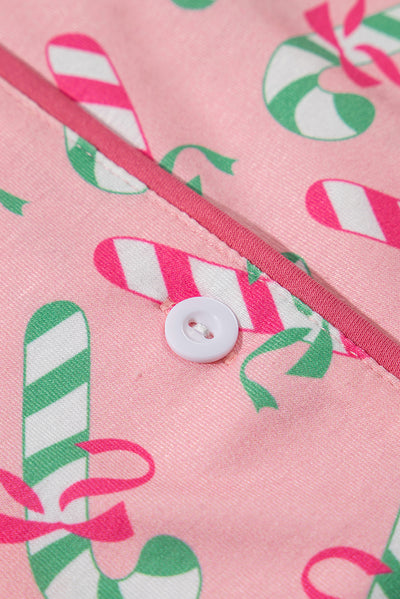 Pink Christmas Candy Cane Print Pocketed Knotted Pajama Set-Loungewear & Sleepwear/Sleepwear-MomFashion